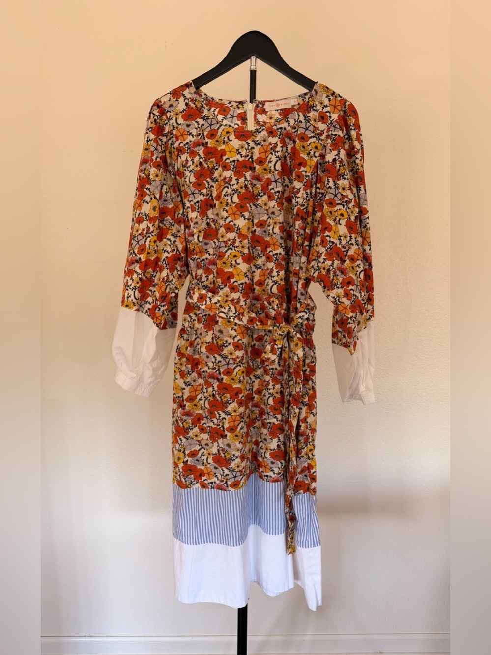 Tory Burch Floral Tie-Waist Midi Dress with Contrast Hem - Orange Floral